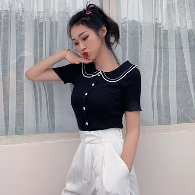 

Womens Fashion Button Short Sleeve Knitted Sexy Slim Pullover Crop Top T-Shirt