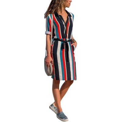

Bohemian Style Striped Print Knee-length Dress Fashion Trend V-neck Long-sleeved Womens Dress