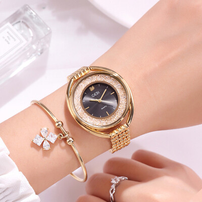 

Watch female water diamond English watch female large dial steel belt trend waterproof ladies watch