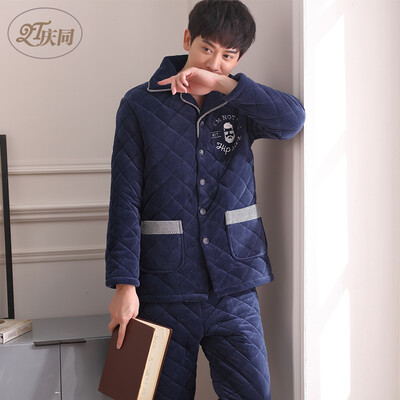 

Qingtong QingTong pajamas winter mens three-layer thick quilted autumn long-sleeved suit business home service 3378017 dark blue XXXL