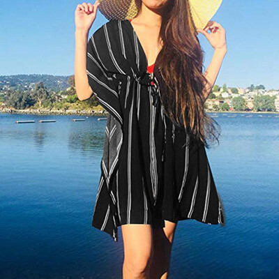 

Women Loose Cover ups Striped Print Deep V Neck Open Side Drawstring Waist Oversized Tunics Beach Bikini Swimsuit Cover Dress