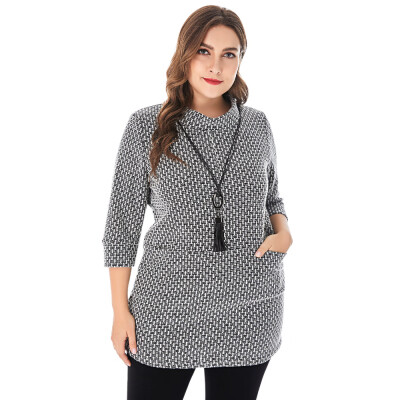 

Stand Collar 34 Sleeve Color Blocking Pocket Plus Size Women Pullover Sweater with Chain