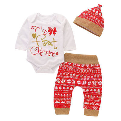 

Baby Girls Romper Long Sleeve Newborn Set Infant Baby Girls Christmas RomperPantsHat 3pcs Outfits Set Clothes