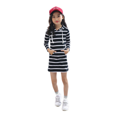 

Teen Kids Girls Long Sleeve Stripe Slim Pencil Skirt Hooded Princess Dress