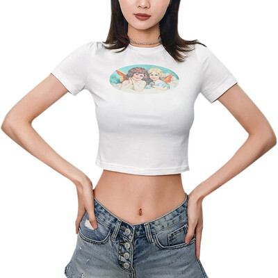 

Women Tight-Fitting Angel Print T-Shirt Short-Sleeved Round Neck Slim Bottoming Short Shirt Vintage