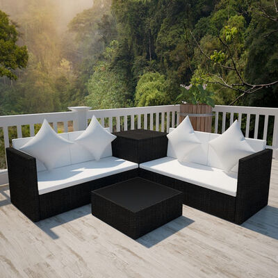 

4 Piece Garden Lounge Set with Cushions Poly Rattan Black