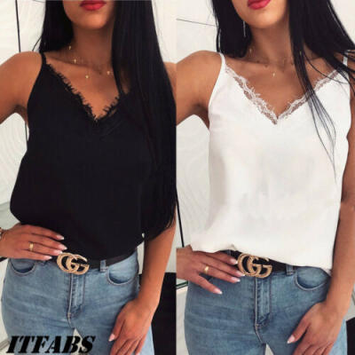 

Women Satin Silk Lace Summer Tank Tops Vest Blouse Casual Crop Cami Camisole Top