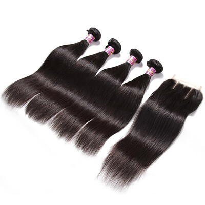 

UNice indian Straight Human Hair 4 Bundles with Lace Closure 44