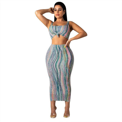 

Women Two Piece Suit Crop Top Skirt Colorful Stripes Sleeveless Tied Knoted High Waist Bodydon Hot Club Wear