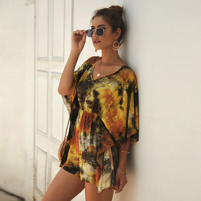 

Starmoon Women Fashion Boho Casual Dye Print Short Sleeve Ladies V-Neck Short Jumpsuits