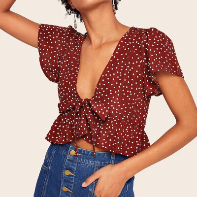 

Womens Crop Tops Blouse Short Sleeve Wave Point Blouse Big V-Neck Sexy Blouse