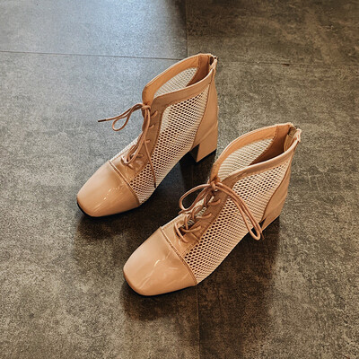 

Coarse-heel Martins female lace-up summer breathable mesh boots female high-heel thin boots short tube bare boots fairy boots