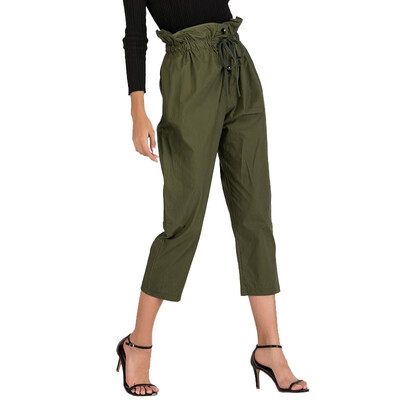 

Fashion Women Pants Solid Color Ruched High Waist Casual Tie-Waist Work Office Cropped Trousers Green
