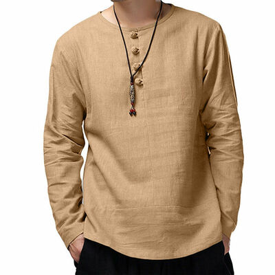 

Fashion Mens Linen Long Sleeve V-neck Shirt Loose Casual Shirts Tops Comfy New