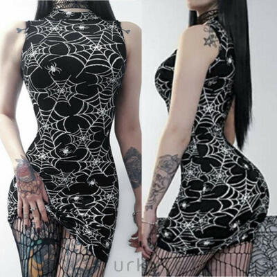 

Women Sexy Mini Dress Sleeveless Spider Web Floral Bodycon Goth Dress Cheongsam