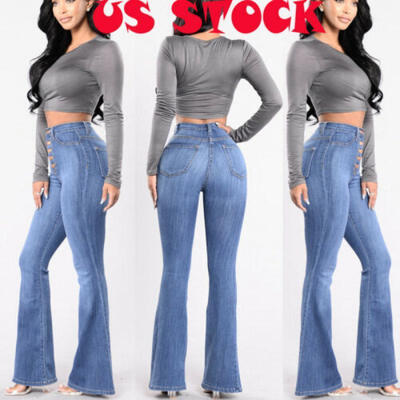 

USA Womens Vintage High Waist Flared Bell Bottom Jeans trendy Light Denim Pants