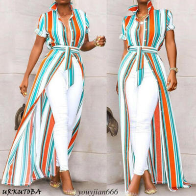 

AU Womens Tops Ladies Beach Summer Asymmetrical Blouse Party Striped T shirt