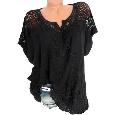 

Women V-Neck Short Sleeve Hollow Out Casual Blouse Loose Tops Summer T-Shirt