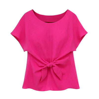 

Women Bowknot Blouse O-Neck Short Sleeve Chiffon Casual Loose Lady Tees