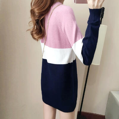 

Long Sleeve Autumn Knit Dress Fashion Stripe Women Splicing Color Sweater