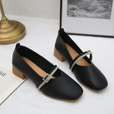 

Spring&summer new style with a word buckle retro evening shoes bow grandmother shoes square head shallow mouth thick heel sing