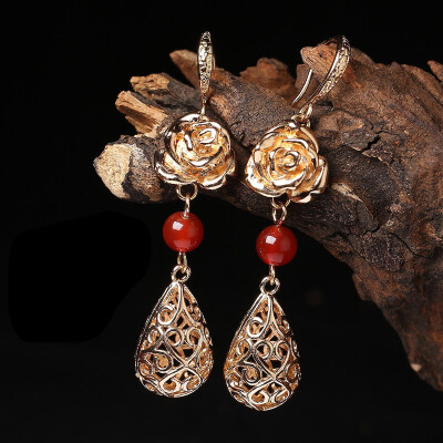 

Ethnic style earrings retro earrings rose earrings red agate earrings long earrings fashion jewelry