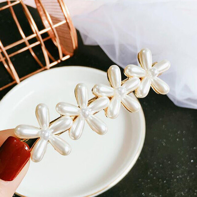 

Women Japanese Metal Floral Side Hair Clip Sweet Girls Vintage Glitter Faux Pearl Flower Chic Duckbill Hairgrips