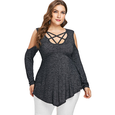 

Long Sleeve Plus Size Open Shoulder T-shirt