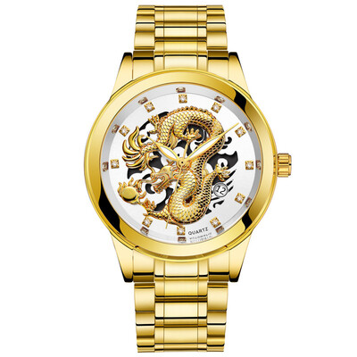 

Gobestart Waterproof Mens Gold Dragon Sculpture Quartz Watch Luxury Men Steel Wristwatch