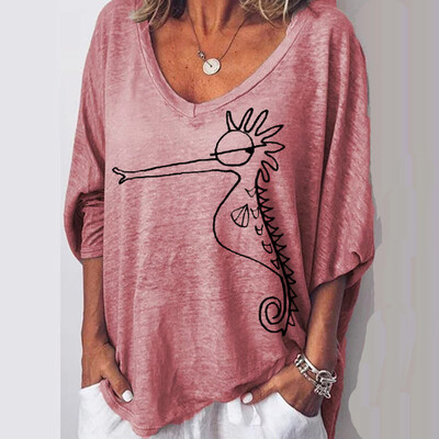 

Roseonmyhand Plus Size Women Long Short V-Neck Printed Casual Tops Blouse T-shirt