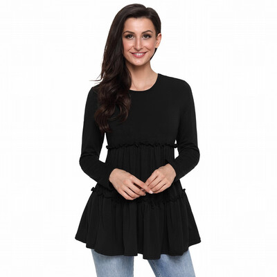 

Solid color round neck long-sleeved dress pendulum three-layer stitching mid-length casual top