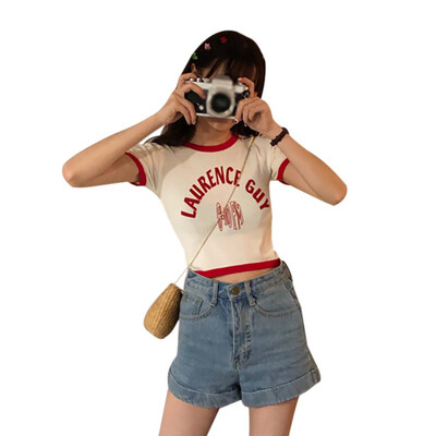 

Korean Style Letter Print Sexy Slim Womens Tees Casual Short-sleeved Knit Tops