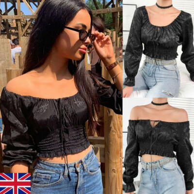 

Fashion Women Slim Fit Crop Tops Ladies Long Sleeve Satin Plain T-Shirt Blouse