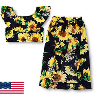 

USA Toddler Kids Baby Girls Sunflower Crop Top Shorts Skirt Outfits Playsuit