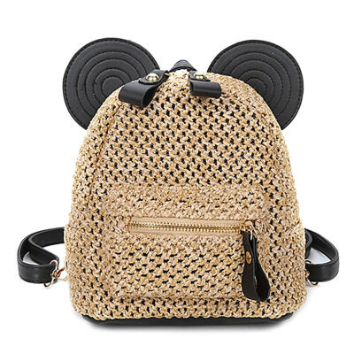 

Ear Decor Travel Backpacks Women Knapsack Straw Shoulder Top-handle Bags