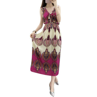 

Boho Printing Sleeveless Tunic Long Dress Elegant Women Beach Maxi Dresses