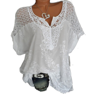 

Women V-Neck Short Sleeve Hollow Out Casual Blouse Loose Tops Summer T-Shirt
