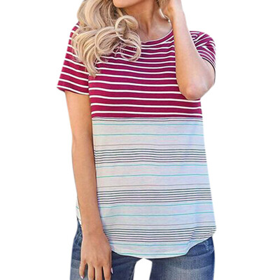 

Nomeni Women Fashion Summer Round Neck Striped Printed Short Sleeve Blouse Shirt Top