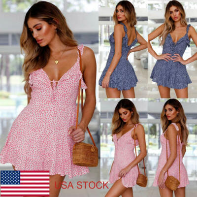 

Women Boho Floral Chiffon Summer Party Evening Beach Short Mini Dress Sundress