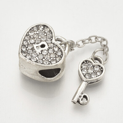 

Alloy Rhinestone European Dangle Beads Large Hole Pendants Heart Lock & Key Antique Silver Crystal 44mm