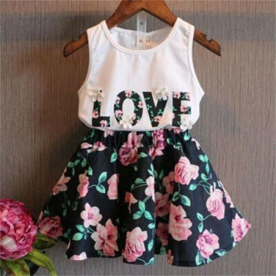 

UK Toddler Baby Kids Girls Dress Tank Vest Tops T-ShirtSkirt Outfit Set Clothes