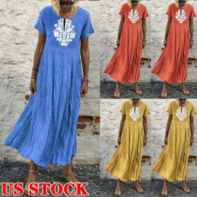 

Women Peasant Ethnic Boho Cotton Linen Long Sleeve Maxi Dress Gypsy Blouse Shirt