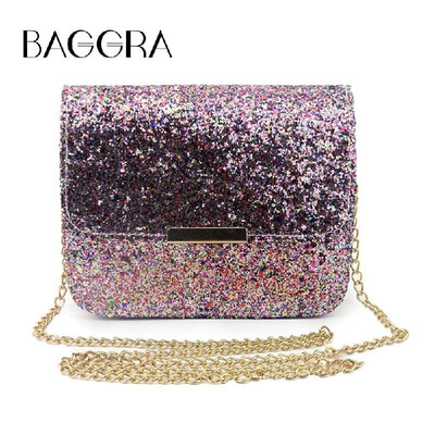 

New Fashion Women Sequin Shoulder Bag Shiny Glitter Chain Bag Pu Leather Flap Party Crossbody Bag PinkPurple