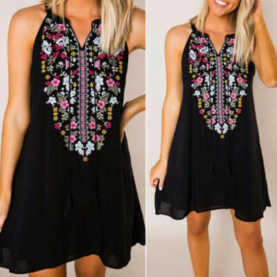 

Women Summer Boho Floral Sleeveless Dress Ladies Casual Holiday Beach Mini Dress