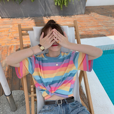 

Korean Style Color Stripe Pattern Womens Tees Fashion Sweet Round Neck Short-sleeved Crop Tops