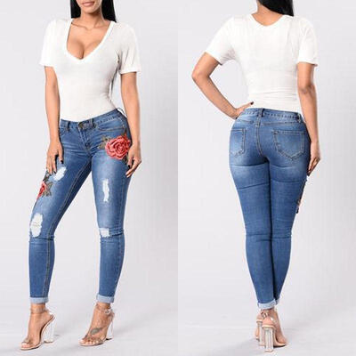 

Womens HOT Skinny Jeans Flower Stretch Denim Embroidered Pants Girls High Waist Denim Trousers