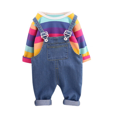 

Spring Autumn Baby Boys Girls Clothes Sets Rainbow Stripe Print TopStrap Pants Cotton Girls Suits Children Clothing Sets