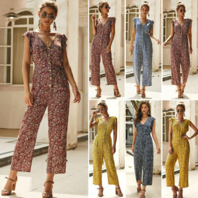 

Boho Womens Floral Holiday Long Playsuits Dress Summer Beach Jumpsuit Plus Size