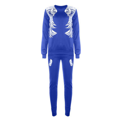 

2pcs Women Sports Clothing Set Suit Casual Print Wings Sweatershirt Pants