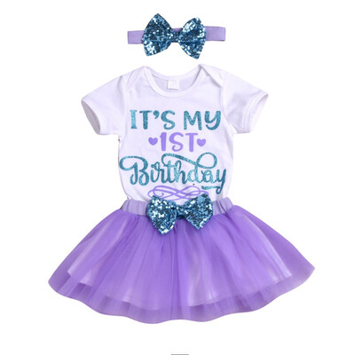 

3PCSSets For Infant Baby Girls Cute Letter Print Romper TopsBow Mesh Skirt with Headband Children Clothing Sets